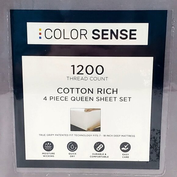 Color Sense 1200 Thread Count Cotton Rich 4-Piece Queen Sheet Set Light Gray - Picture 2 of 8